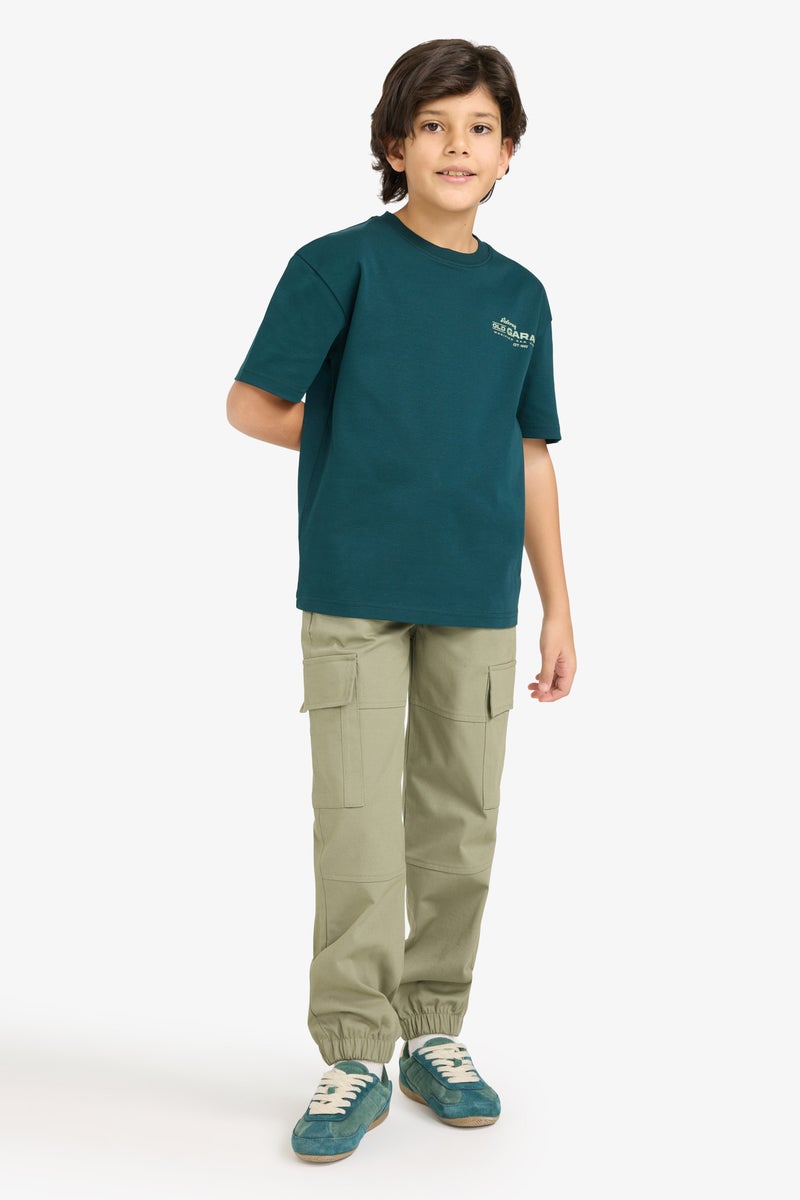 DeFacto Green Boy Boy Oversize Fit Crepe Neck Slogan Printed T-Shirt Casual - Image 2